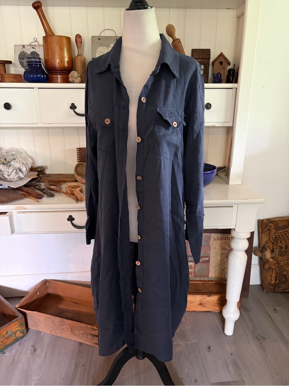 Angela Mara Women's Long Button-Front Shirt Dress - Navy